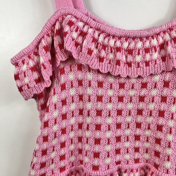 New Paid Crochet Entro Pink Red Knit Ruffle Crop Top Large Cotton Boho Kidscore - Picture 2 of 13